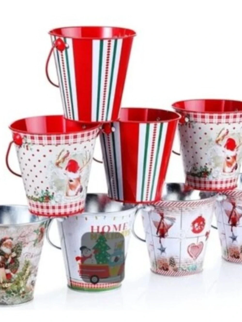 New in box! Set of 8 decorative Christmas metal tin buckets with handles